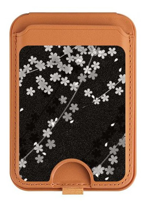 S2544 Japanese Kimono Style Black Flower Pattern Magnetic Card Holder Wallet Stand with MagSafe for iPhone 16 15 14 13 Pro Max