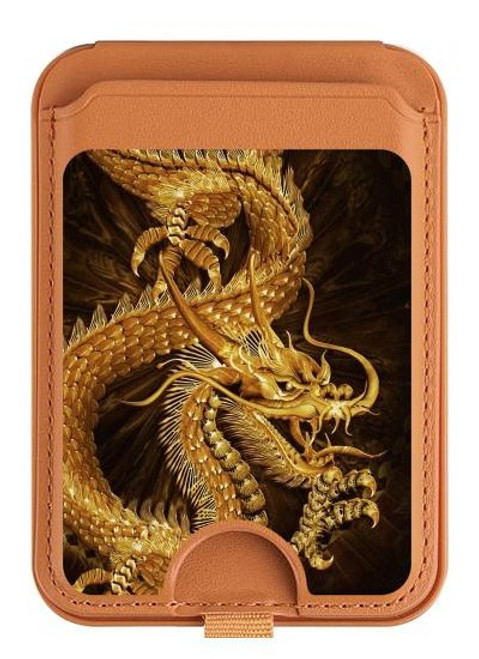 S2804 Chinese Gold Dragon Printed Magnetic Card Holder Wallet Stand with MagSafe for iPhone 16 15 14 13 Pro Max