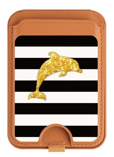 S2882 Black and White Striped Gold Dolphin Magnetic Card Holder Wallet Stand with MagSafe for iPhone 16 15 14 13 Pro Max
