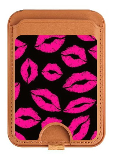 S2933 Pink Lips Kisses on Black Magnetic Card Holder Wallet Stand with MagSafe for iPhone 16 15 14 13 Pro Max