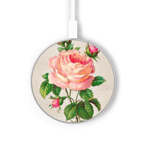 S3079 Vintage Pink Rose Wireless Charger Pad 15W Type-C iPhone Android LED Light Charging Station