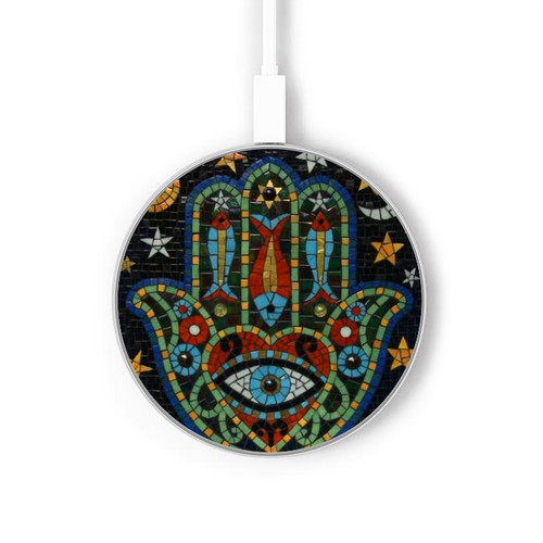 S3175 Hamsa Hand Mosaics Wireless Charger Pad 15W Type-C iPhone Android LED Light Charging Station