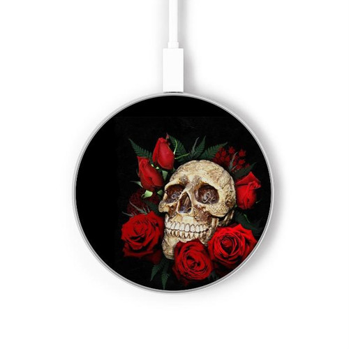 S3753 Dark Gothic Goth Skull Roses Wireless Charger Pad 15W Type-C iPhone Android LED Light Charging Station