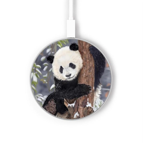 S3793 Cute Baby Panda Snow Painting Wireless Charger Pad 15W Type-C iPhone Android LED Light Charging Station