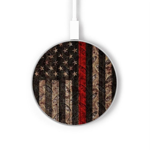 S3804 Fire Fighter Metal Red Line Flag Graphic Wireless Charger Pad 15W Type-C iPhone Android LED Light Charging Station