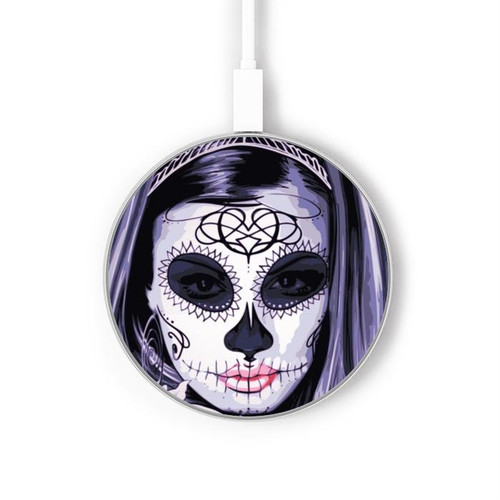 S3821 Sugar Skull Steam Punk Girl Gothic Wireless Charger Pad 15W Type-C iPhone Android LED Light Charging Station