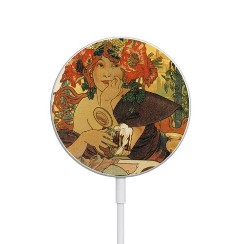S2740 Alphonse Mucha Bieres De La Muse Magnetic Wireless Charger Pad with MagSafe 15W for iPhone 16 15 14 13 12