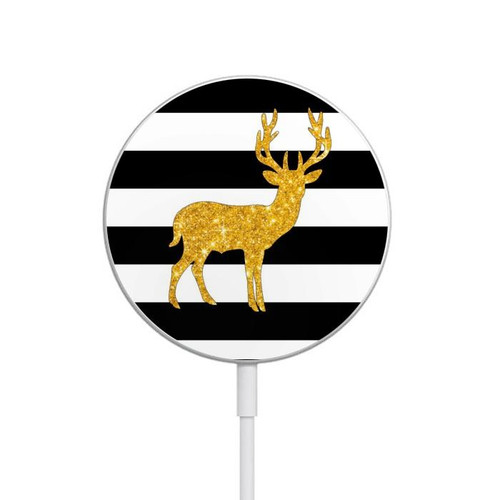 S2794 Black and White Striped Deer Gold Sparkles Magnetic Wireless Charger Pad with MagSafe 15W for iPhone 16 15 14 13 12