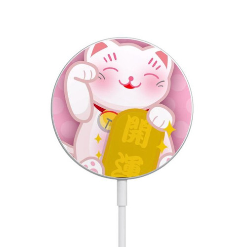 S3025 Pink Maneki Neko Lucky Cat Magnetic Wireless Charger Pad with MagSafe 15W for iPhone 16 15 14 13 12