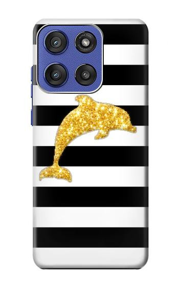 S2882 Black and White Striped Gold Dolphin Case For Motorola Moto G Stylus 5G (2025,2026), Edge 60 Stylus
