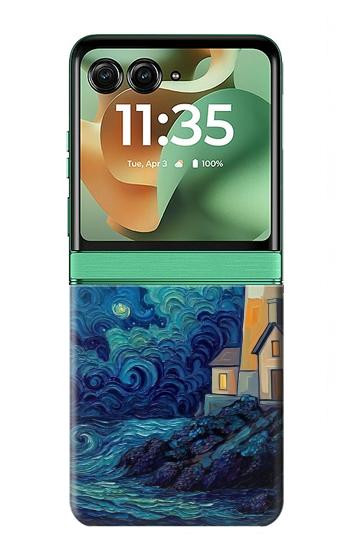S4092 Moonlit Lighthouse Coastal Painting Case For Motorola Razr 70+,60+, Razr+ (2026, 2025, 2024)