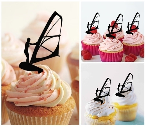 TA0016 Windsurfing Silhouette Party Wedding Birthday Acrylic Cupcake Toppers Decor 10 pcs