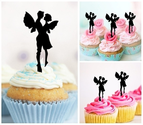 TA0115 Fairy Couple Silhouette Party Wedding Birthday Acrylic Cupcake Toppers Decor 10 pcs