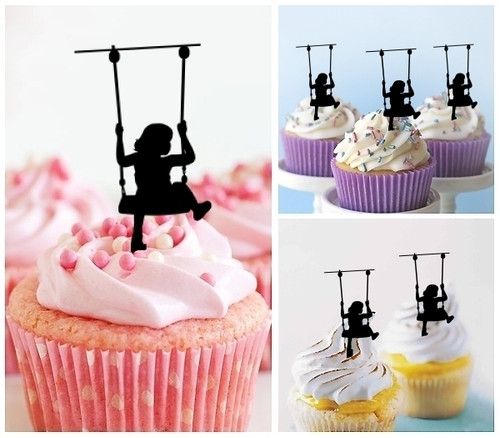 TA0179 Kid and a Swinging Chair Silhouette Party Wedding Birthday Acrylic Cupcake Toppers Decor 10 pcs