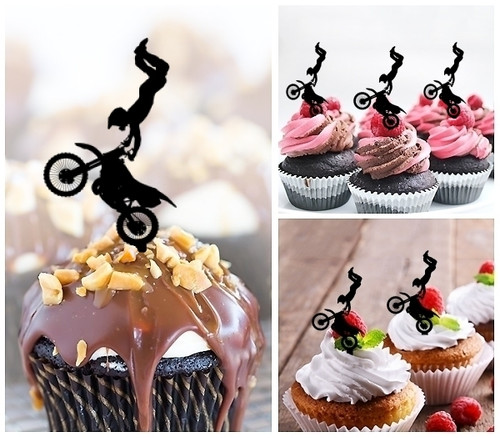 TA0197 Extreme Sport Freestyle Motocross Silhouette Party Wedding Birthday Acrylic Cupcake Toppers Decor 10 pcs