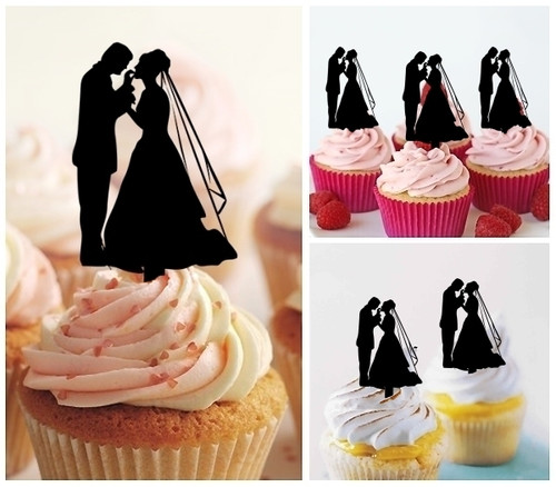 TA0230 Bride and Groom Wedding Silhouette Party Wedding Birthday Acrylic Cupcake Toppers Decor 10 pcs