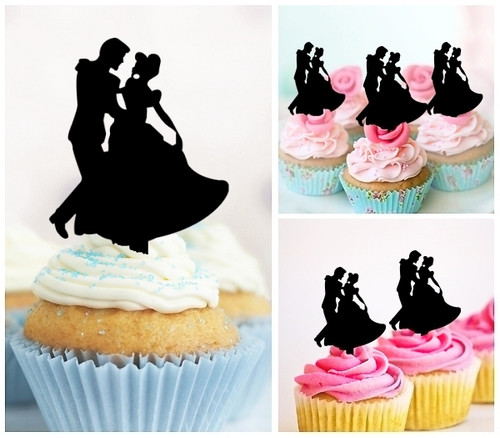 TA0234 Prince and Princess Wedding Couple Dancing Silhouette Party Wedding Birthday Acrylic Cupcake Toppers Decor 10 pcs