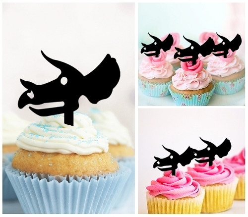 TA0275 Triceratop Skull Fossil Silhouette Party Wedding Birthday Acrylic Cupcake Toppers Decor 10 pcs