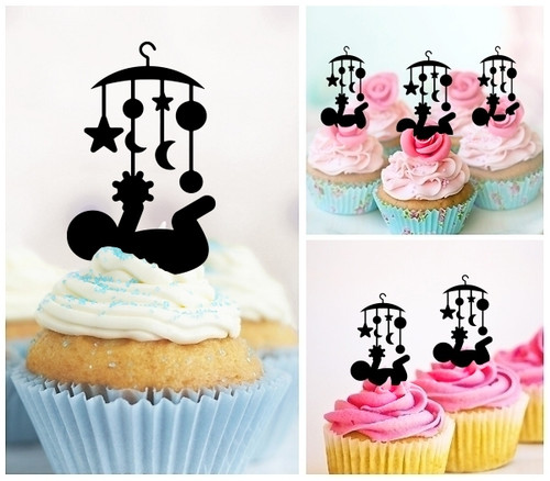 TA0451 Baby With Hanging Crib Toys Silhouette Party Wedding Birthday Acrylic Cupcake Toppers Decor 10 pcs