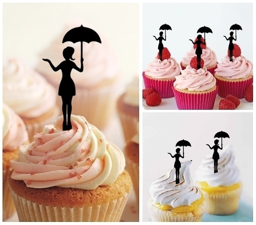 TA0472 Girl Umbrella Silhouette Party Wedding Birthday Acrylic Cupcake Toppers Decor 10 pcs