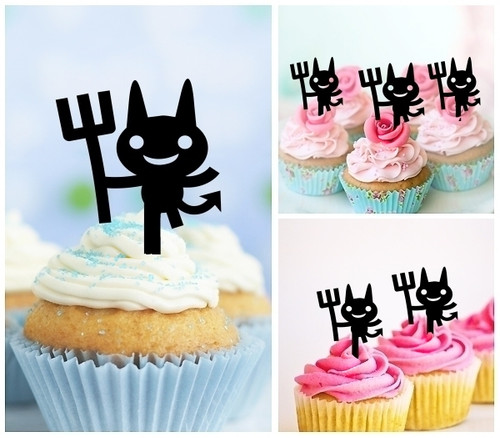 TA0578 Halloween Cute Devil Holds Pitchfork Silhouette Party Wedding Birthday Acrylic Cupcake Toppers Decor 10 pcs