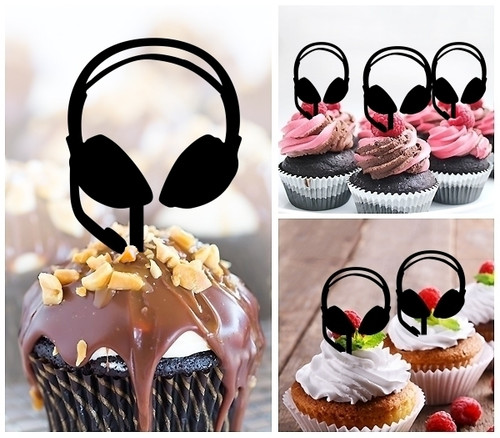 TA0967 Headset Headphone DJ Remix Silhouette Party Wedding Birthday Acrylic Cupcake Toppers Decor 10 pcs