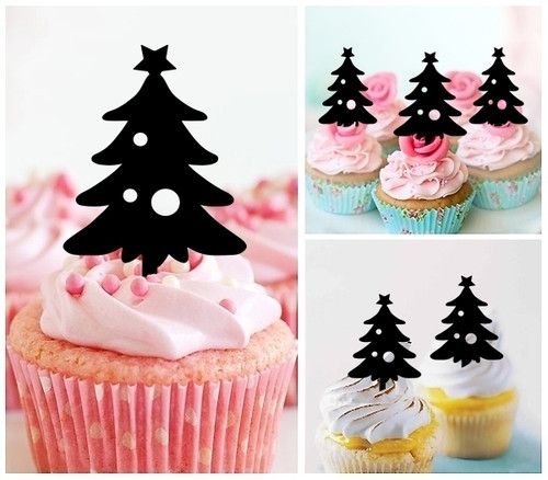 TA0973 Xmas Tree Silhouette Party Wedding Birthday Acrylic Cupcake Toppers Decor 10 pcs