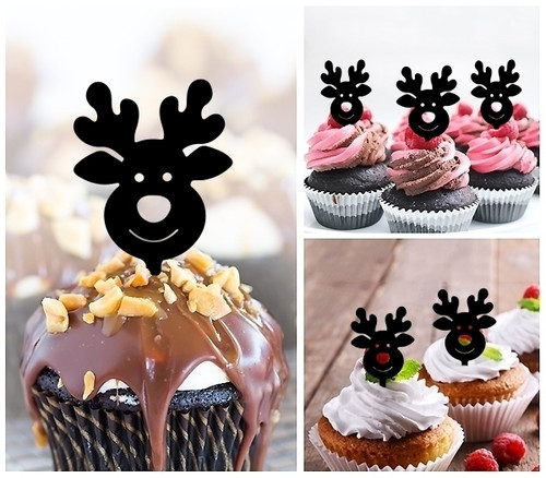 TA0977 Cute Xmas Reindeer Silhouette Party Wedding Birthday Acrylic Cupcake Toppers Decor 10 pcs