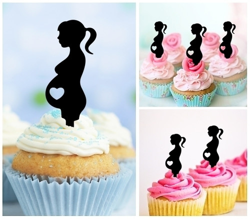 TA0998 Pregnant Woman Silhouette Party Wedding Birthday Acrylic Cupcake Toppers Decor 10 pcs