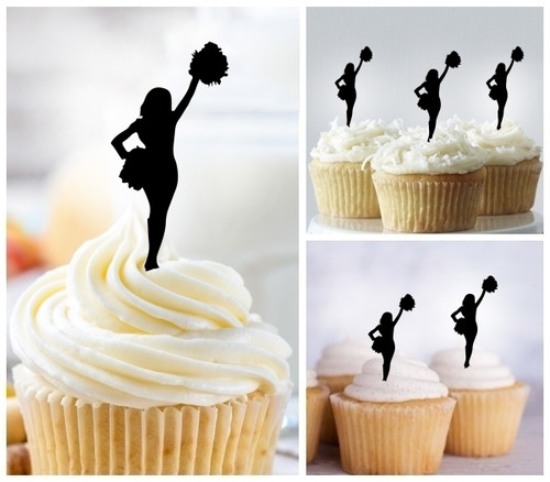 TA1025 Pom Pom Cheer Girl Silhouette Party Wedding Birthday Acrylic Cupcake Toppers Decor 10 pcs