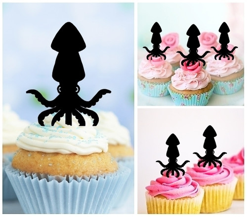 TA1038 Squid Fish Tentacles Silhouette Party Wedding Birthday Acrylic Cupcake Toppers Decor 10 pcs
