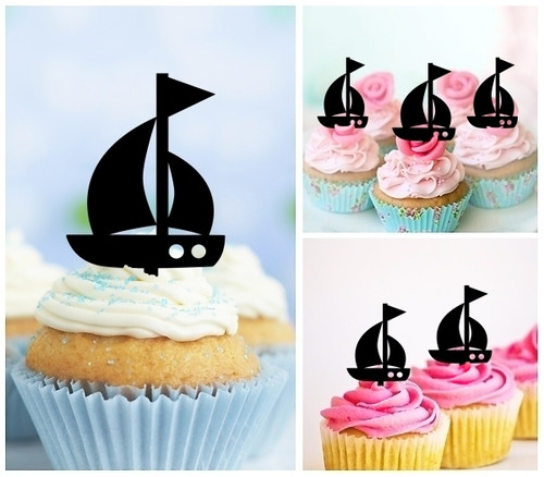 TA1048 Sailing Boat Silhouette Party Wedding Birthday Acrylic Cupcake Toppers Decor 10 pcs