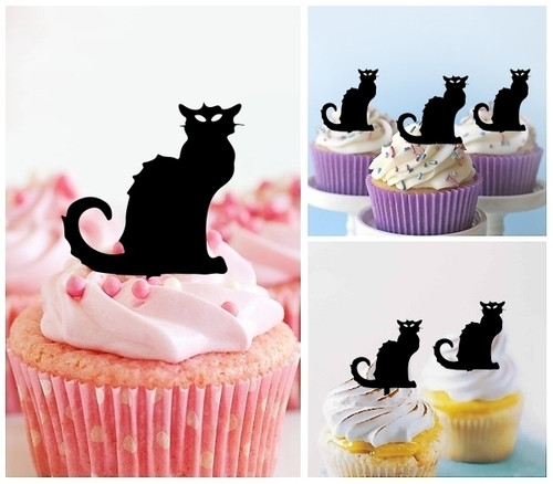 TA1049 Chat Noir Black Cat Silhouette Party Wedding Birthday Acrylic Cupcake Toppers Decor 10 pcs