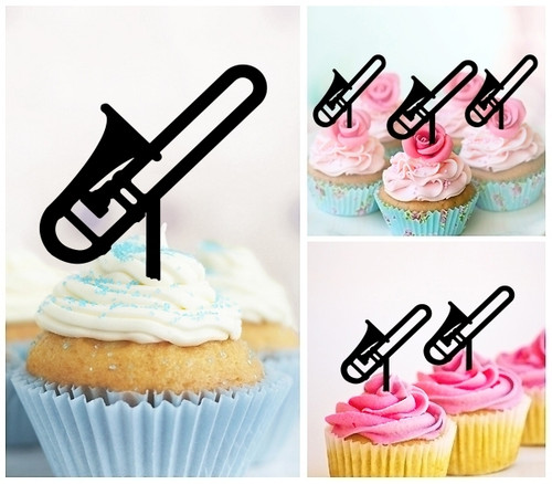 TA1074 Trombone Music Instrument Silhouette Party Wedding Birthday Acrylic Cupcake Toppers Decor 10 pcs