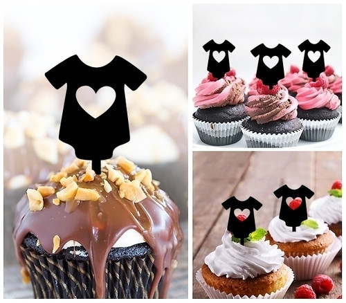 TA1087 Baby Suit Heart Silhouette Party Wedding Birthday Acrylic Cupcake Toppers Decor 10 pcs