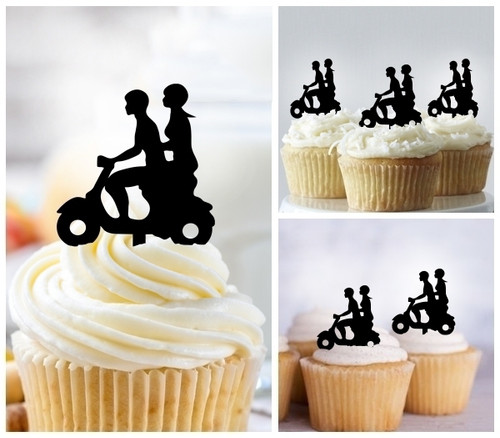 TA1105 Couple Scooter Motorcycle Silhouette Party Wedding Birthday Acrylic Cupcake Toppers Decor 10 pcs
