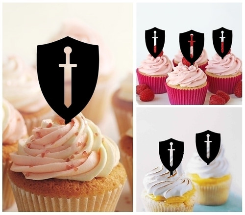 TA1122 Shield Sword Silhouette Party Wedding Birthday Acrylic Cupcake Toppers Decor 10 pcs