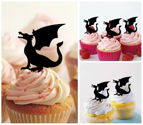 TA1150 Dragon Monster Silhouette Party Wedding Birthday Acrylic Cupcake Toppers Decor 10 pcs