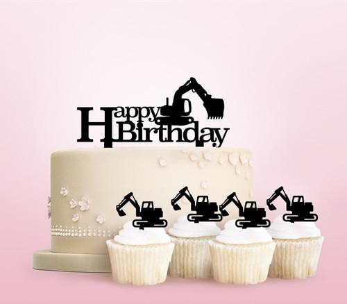 TC0253 Backhoe Happy Birthday Party Wedding Birthday Acrylic Cake Topper Cupcake Toppers Decor Set 11 pcs