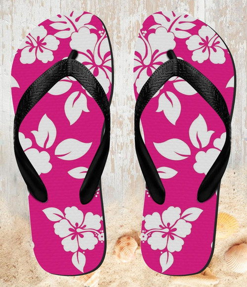 FA0208 Hawaiian Hibiscus Pink Pattern Beach Slippers Sandals Flip Flops Unisex
