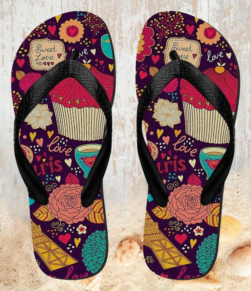 FA0227 Paris Cartoon Vintage Pattern Beach Slippers Sandals Flip Flops Unisex