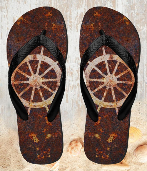 FA0343 Ship Wheel Rusty Texture Beach Slippers Sandals Flip Flops Unisex