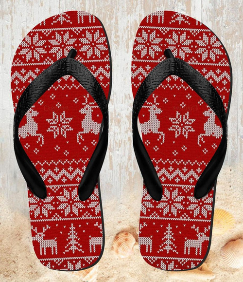 FA0361 Christmas Reindeer Knitted Pattern Beach Slippers Sandals Flip Flops Unisex