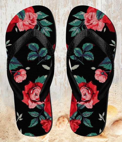 FA0462 Rose Floral Pattern Black Beach Slippers Sandals Flip Flops Unisex