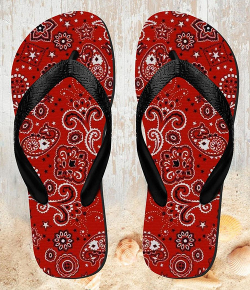 FA0525 Red Classic Bandana Beach Slippers Sandals Flip Flops Unisex