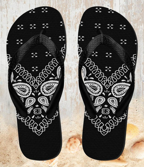FA0528 Bandana Black Pattern Beach Slippers Sandals Flip Flops Unisex