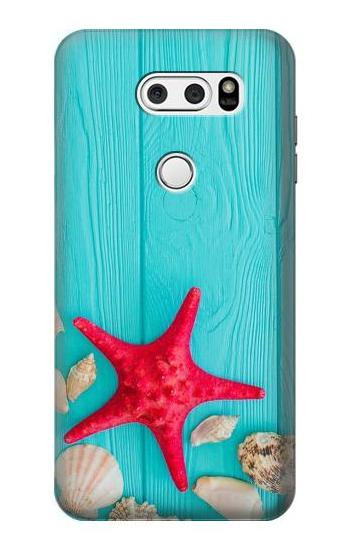S3428 Aqua Wood Starfish Shell Case For LG V30, LG V30 Plus, LG V30S ThinQ, LG V35, LG V35 ThinQ