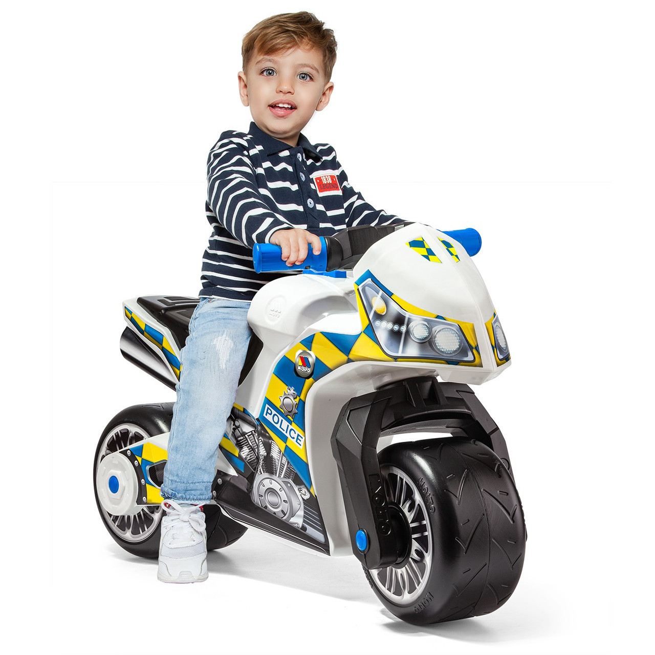 Sehr kreuziges, weißes Polizei-Aufsitzmotorrad