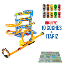 Spielzeugparkplatz mit Looping + Schienen + 10 Autos und Wandteppich 23405/WEB2