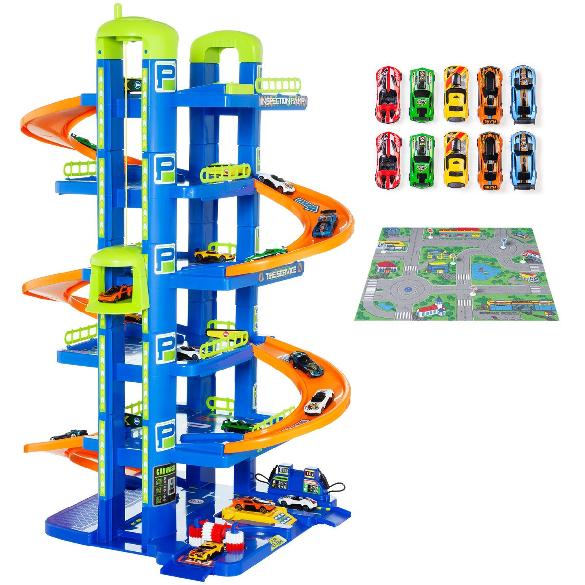 Blauer Kinderparkplatz 6 Etagen + 10 Autos + Spielmatte